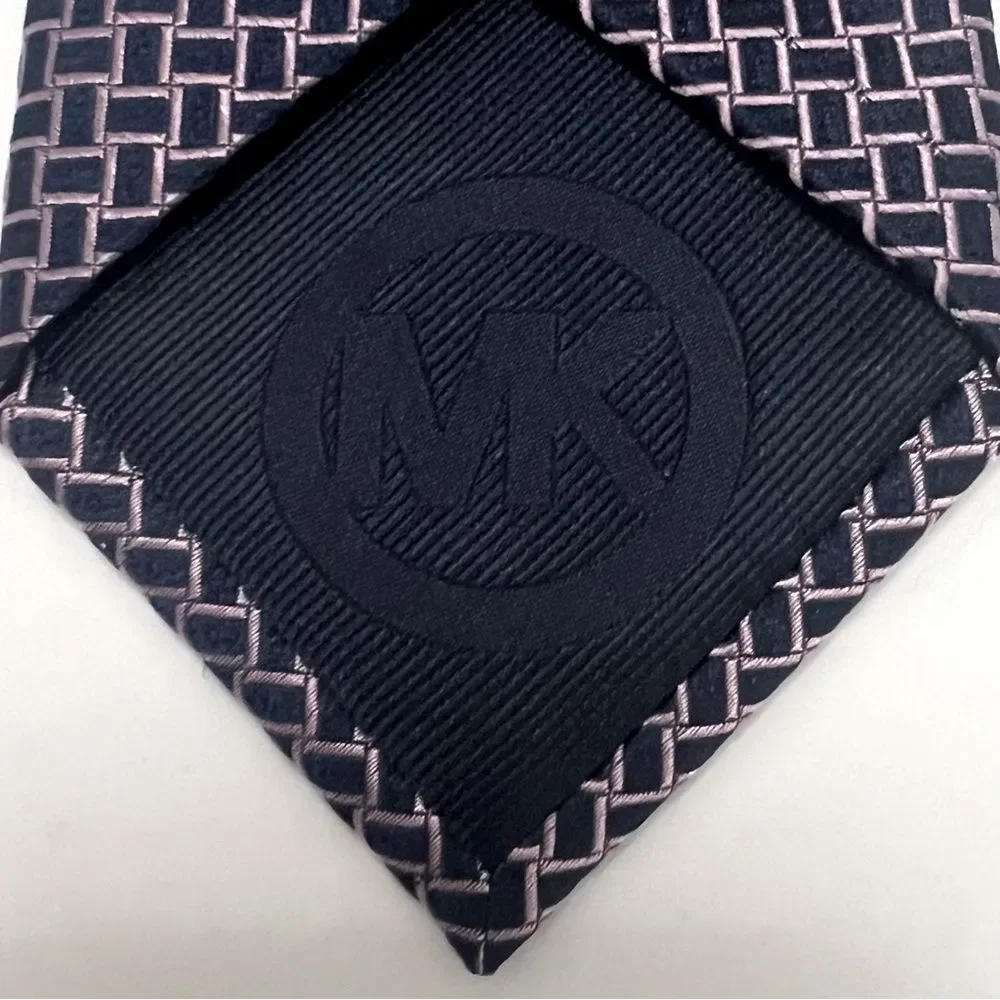 Michael Kors 100% Silk Embroidered Designer‎ Tie Blue Pink Checkered Necktie